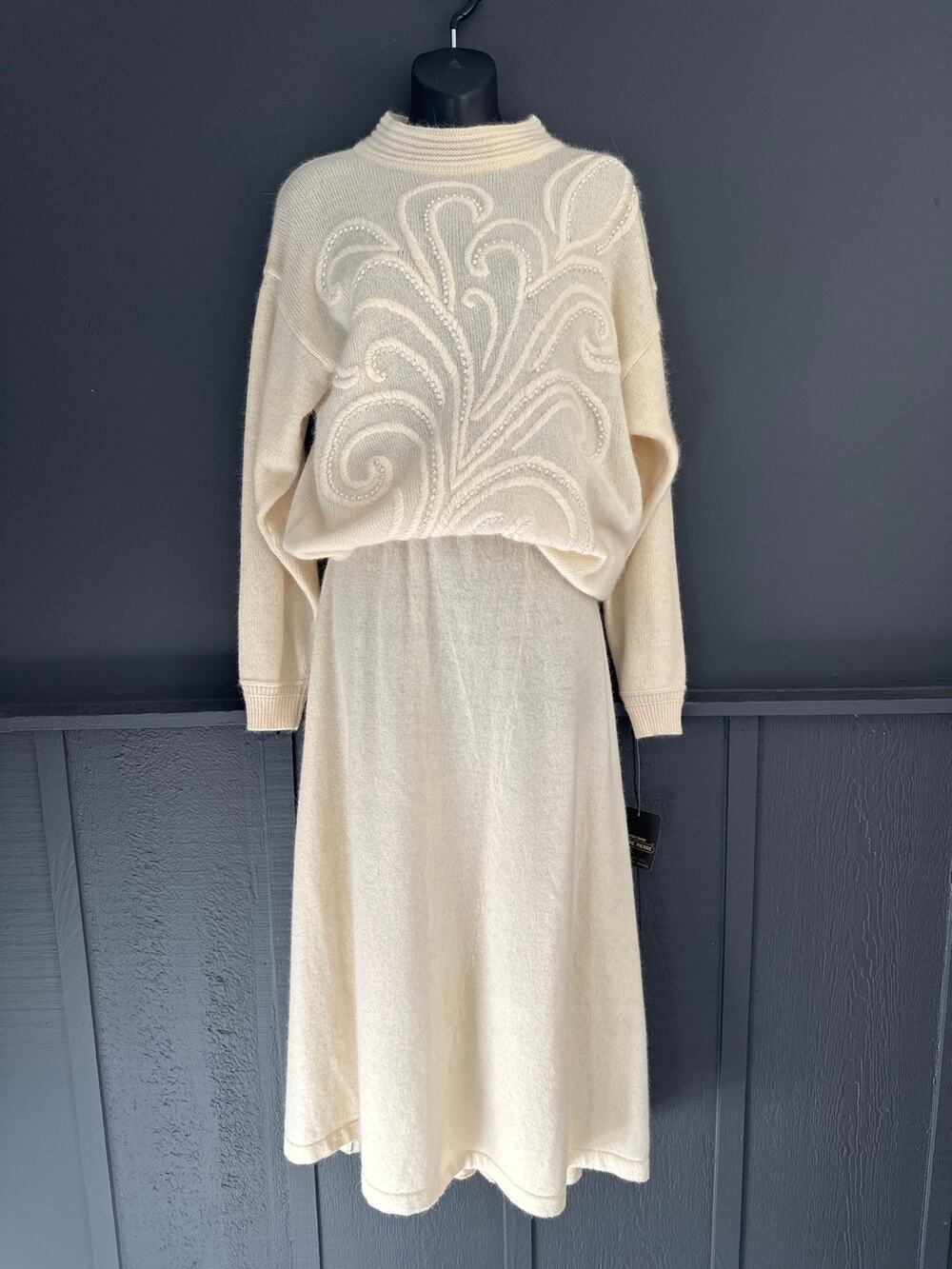 Vintage Lambswool Angora Blend Deadstock Ivory Sweater Maxi Skirt Set Size Large